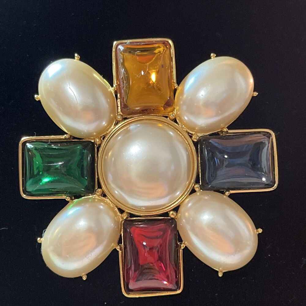 VTG Monet (YSL Era) Maltese Cross Pearls,Multicolor Red,Blue Resin Cabochons,80s